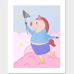 pink unicorn in the clouds Posters and Art